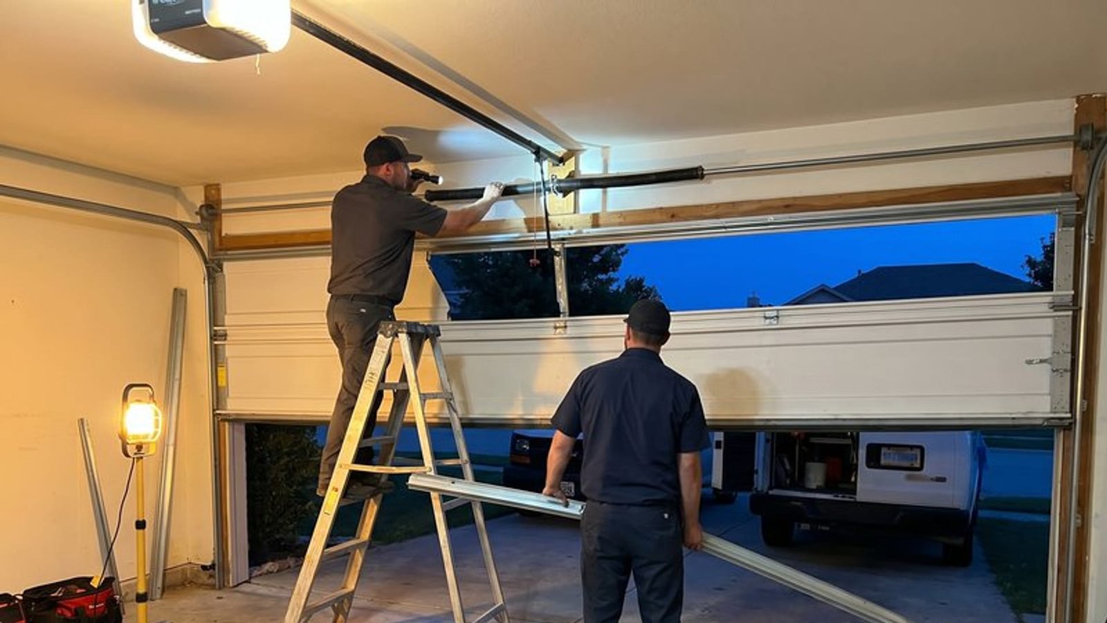 Technician on a stepladder at an open garage door at dusk while a second man looks on