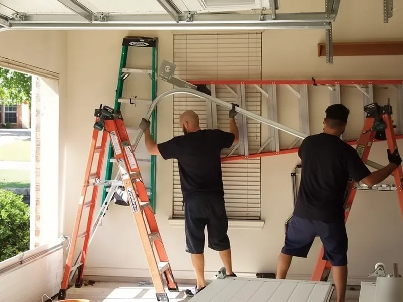 Two men on orange ladders lifting a door section in a garage with blinds in the window