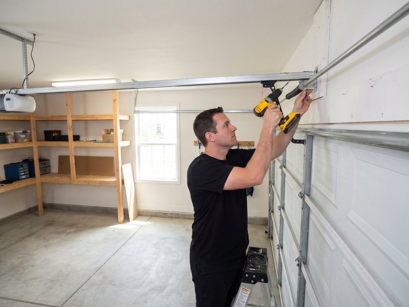 Technician using a drill at an overhead opener rail