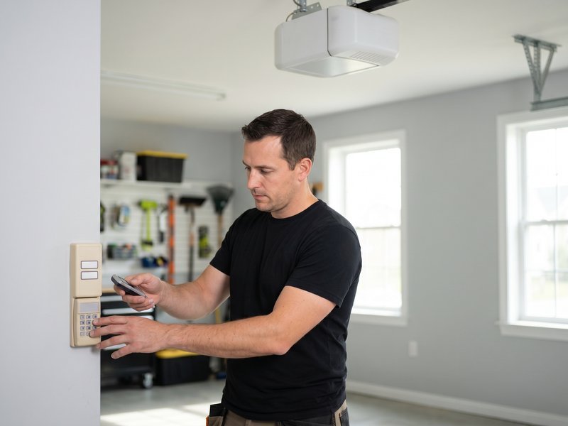 Technician programming a wall keypad beside the garage entry door