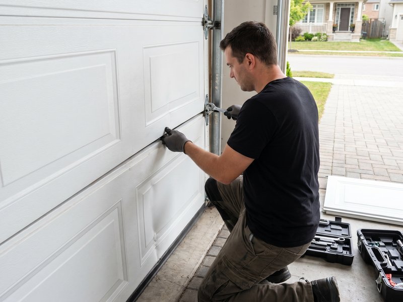 Technician tightening a fastener on a white raised-panel garage door section