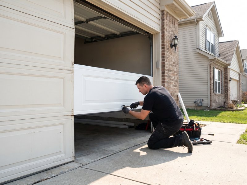 Technician kneeling to fit a new bottom panel on a garage door