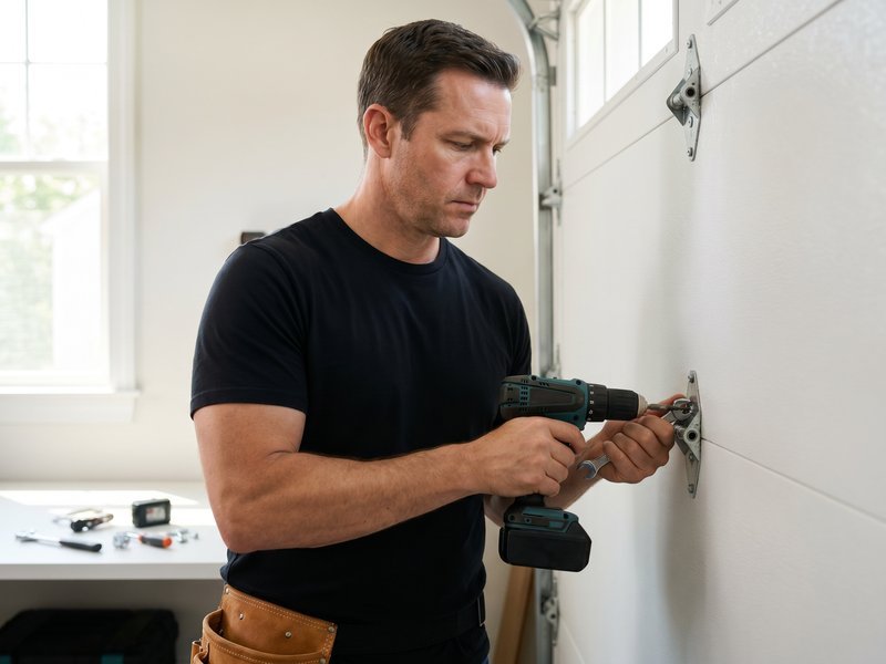 Technician driving a hinge screw into a white garage door panel with a drill
