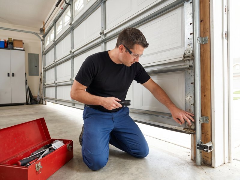 Technician kneeling beside a red toolbox and checking the bottom of a door track