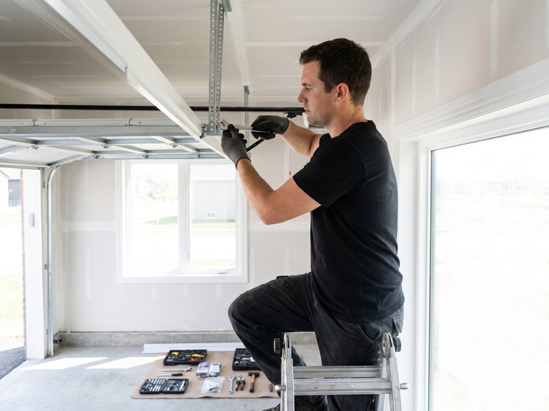 Technician adjusting garage door track hardware with a screwdriver, tools laid on the floor