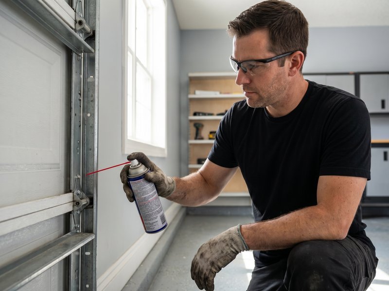 Technician spraying lubricant on a garage door track