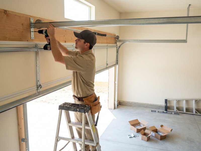 Installer on a stepladder fitting the header hardware for a new garage door