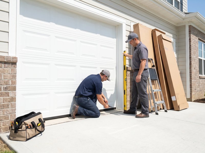 Two installers fitting a new white garage door with a level